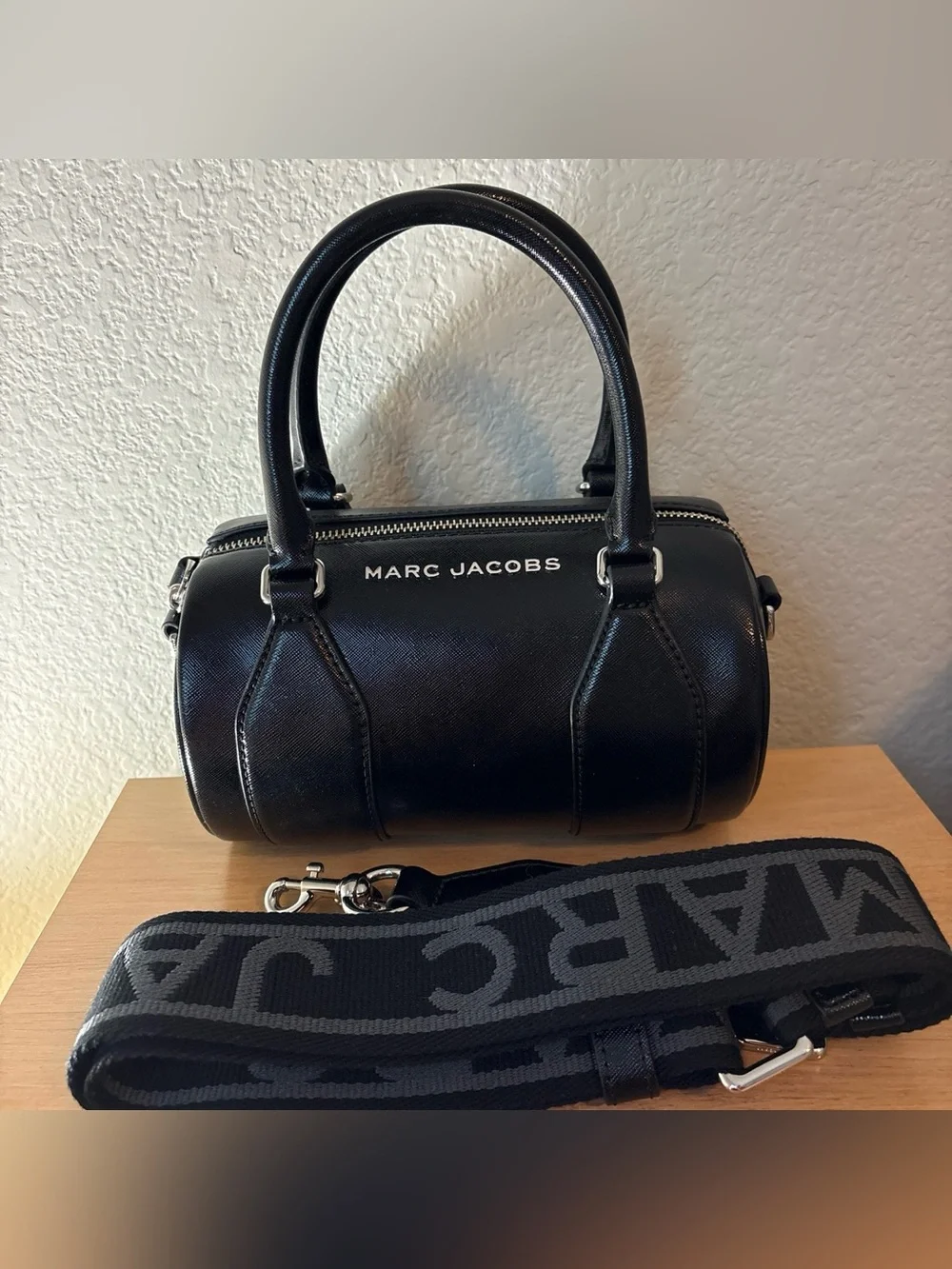 Marc Jacobs Black Leather Barrel Satchel with Logo Strap